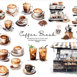 Coffee Break - Pacote de 123 clipart em aquarela, Menu de café, Ilustrações em aquarela, Café, Latte, Espresso, Preto, Bebidas, PNG, Para impressão