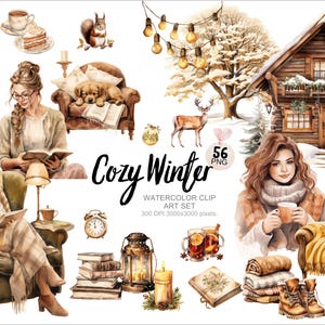 56 Gemütliches Winter Aquarell Clipart Bundle, Winter entkommen, Warme Feuer und Getränke, Cottage-Stil, gemütliche Stühle, PNG, Grafiken, DIY, Printable