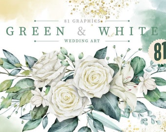 81 Conjunto de imágenes prediseñadas florales verdes y blancas de acuarela, rosa, imágenes prediseñadas florales prefabricadas, PNG, gráficos de boda, arte personalizable diy, imprimible