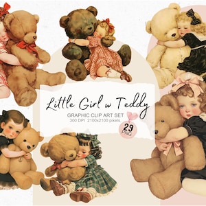 Kleines Mädchen mit Teddy Vintage Clipart Bundle, 29 Aquarell Grafik Clipart, niedlicher Teddybär, Herbstfarben, anpassbar, printable