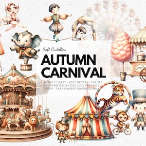 Herfst carnaval clipartbundel, 40 kant-en-klare grafische clipart, zachte knuffels, schattig circus, beige warme kleurtinten, aanpasbaar, afdrukbaar