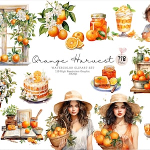 Frühlings-Orangenernte - 118 Aquarell Clipart Bundle, Süß und saftig, Orange Desserts, Kuchen, Süßigkeiten, Getränke, Orangenernte, Junk Journal