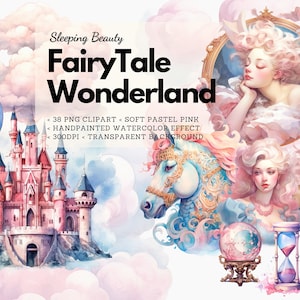 Aquarel sprookjeswonderland - Doornroosje 38 clipartbundel, premade clipart, zacht pastelroze, png, DIY aanpasbare kunst, afdrukbaar