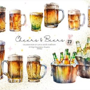 Cheers & Beers - Paquete de 23 imágenes prediseñadas de acuarela, barra de bebidas, ilustraciones de cerveza, celebraciones del viernes por la noche, alcohol, bebidas, PNG, imprimible