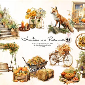 42 Herbst Picknick Aquarell Clipart, Herbst Saison, Urlaub entkommen, Kürbis Ernte, Cottage Stil, digitale Aufkleber, Planer Clipart