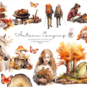 37 Herbst Camping Reise Aquarell Clipart Bundle, Urlaub entkommen, Gemütlich, Warming Feuer und Getränke, Cottage-Stil, Ahornblätter, PNG, Grafik