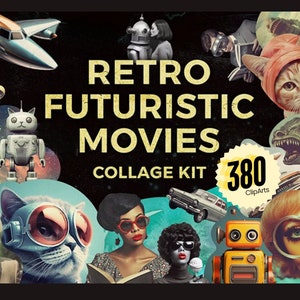 Clipart retrò futuristico ispirato al film, pacchetto 380 MEGA, clipart preconfezionato vintage, Ritorno al futuro, personalizzabile fai da te, PNG, kit collage
