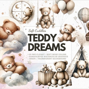 Teddy's Träume, Clipart-Bundle, 25 vorgefertigte Aquarell Clipart, Kuscheltiere, süße Teddy, Beige, warme Farbtöne, anpassbar, druckbar
