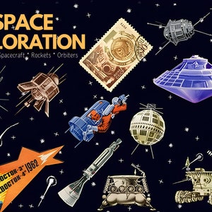May include: A vintage illustration of space exploration with a dark blue background and white stars. The illustration features a variety of spacecraft, rockets, and astronauts. The text "SPACE EXPLORATION" is written in yellow letters at the top of the image. The text "Astronaut, Spacecraft, Rockets, Orbiters" is written in black letters below the title. The text "ВОСТОК-3" and "ВОСТОК-4" is written in red letters on a yellow and orange banner.