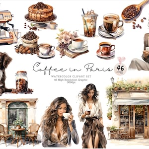 Café em Paris - Pacote de 46 clipart em aquarela, Menu de café, Ilustrações em aquarela, Café, Latte, Espresso, Preto, Bebidas, PNG, Para impressão