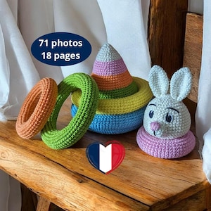 Pierrot Rabbit - Juego de apilamiento de ganchillo - Anillos de aprendizaje temprano. Patrón digital (PDF) en francés.