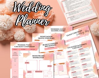 May include: A wedding planner checklist with pink watercolour backgrounds. The checklist includes sections for wedding venue comparison, guest seating chart, honeymoon travel itinerary, budget expense breakdown, guest checklist, and legalities and permits checklist.