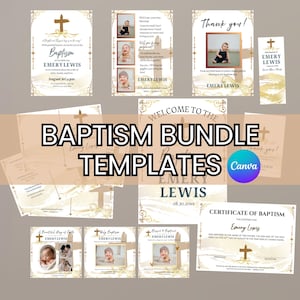 Può includere: Una collezione di modelli per battesimo con un design a croce dorata. I modelli includono inviti, biglietti di ringraziamento e certificati. Il testo "Baptism Bundle Templates" è ben visibile. Il nome "Emery Lewis" è presente.