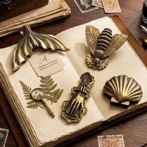 May include: A collection of brass objects including a mermaid tail, a bee, a hand-shaped clip, a small magnifying glass, and a seashell, all resting on an open book with a tag labeled Artisan Vintage Brass Collections and several postage stamps.