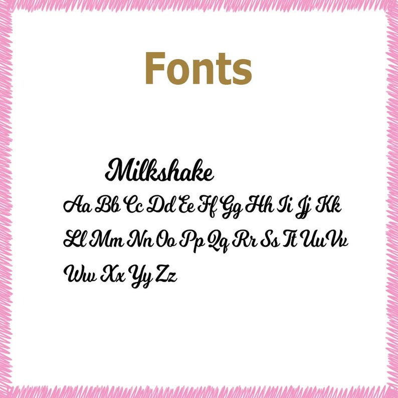 Op de afbeelding: Een witte achtergrond met een roze, gekrabbelde rand toont het woord "Fonts" in gouden letters. Daaronder staat het woord "Milkshake" in een cursief lettertype, gevolgd door het alfabet in dezelfde stijl.