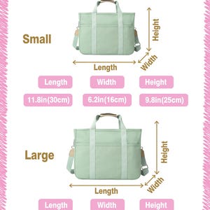 Op de afbeelding: Een lichtgroene tote bag met schouderriem, verkrijgbaar in twee maten. De kleine tas is 30 cm lang, 16 cm breed en 25 cm hoog. De grote tas is 37 cm lang, 17 cm breed en 30 cm hoog. Afmetingen staan vermeld.