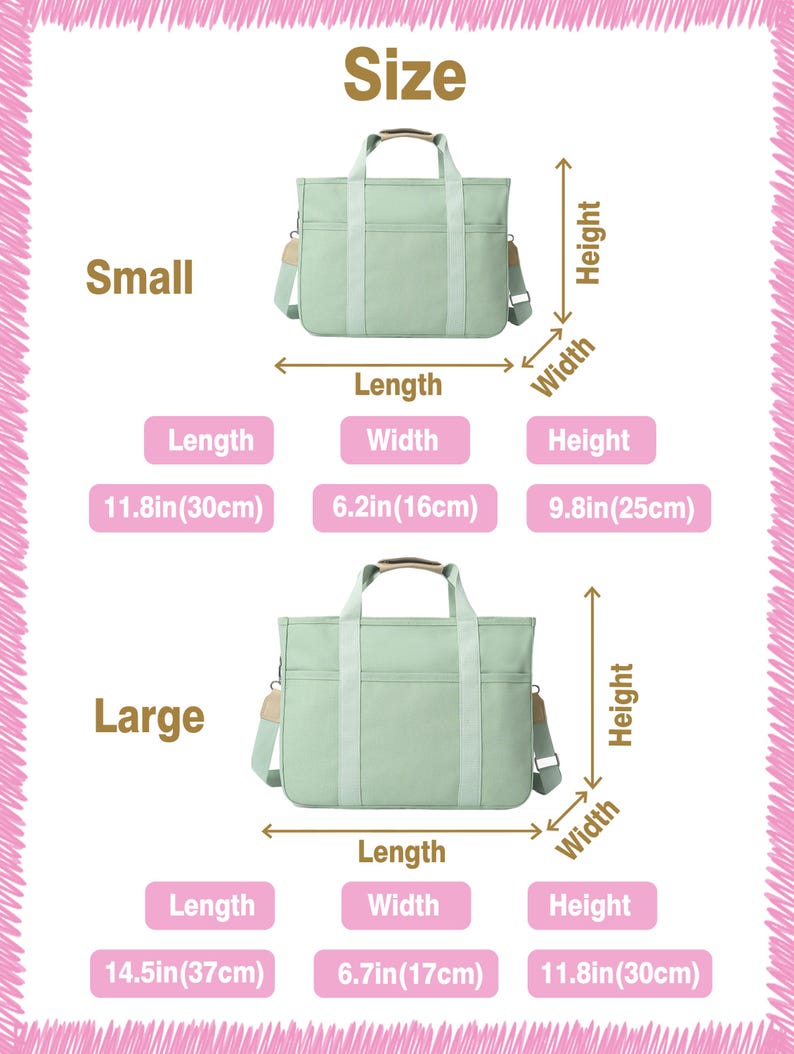 Op de afbeelding: Een lichtgroene tote bag met schouderriem, verkrijgbaar in twee maten. De kleine tas is 30 cm lang, 16 cm breed en 25 cm hoog. De grote tas is 37 cm lang, 17 cm breed en 30 cm hoog. Afmetingen staan vermeld.
