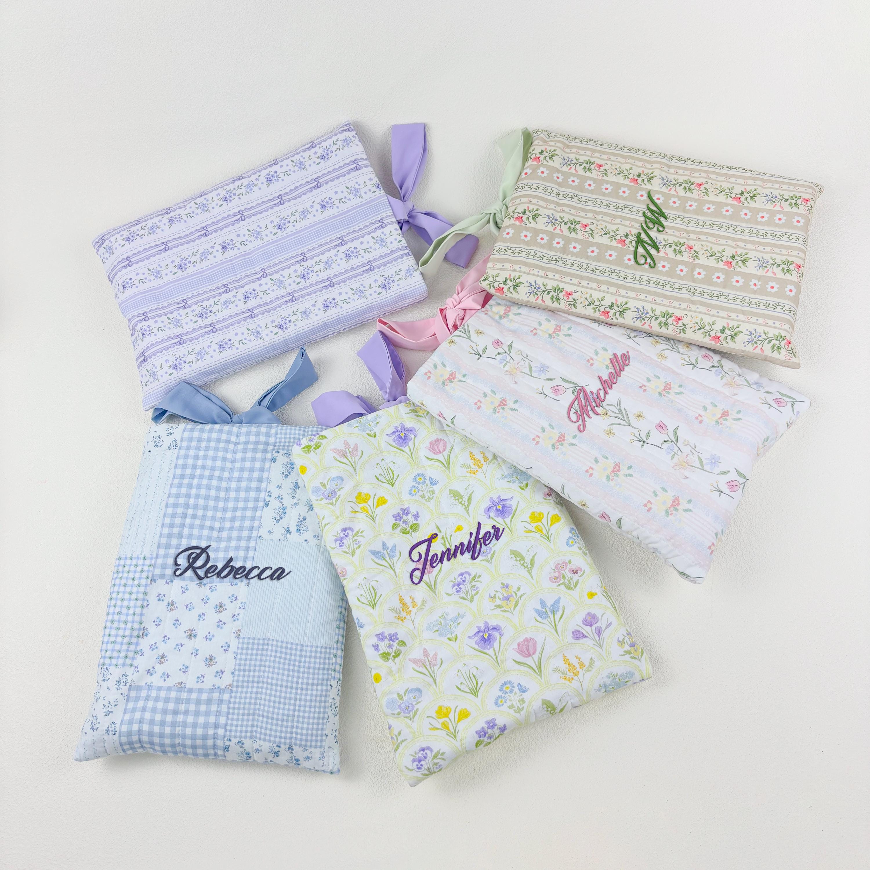 Personalized Floral Book Sleeve with Ribbon Tie: Embroidered Book Cover