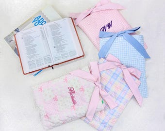 Personalized Quilted Book Sleeve: Embroidered Floral Cotton Cover with Ribbon