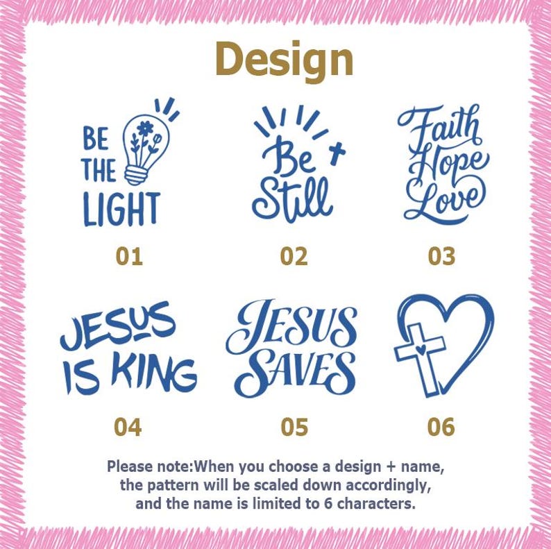 Op de afbeelding: Afbeelding met zes blauw-witte ontwerpen met religieuze thema's. Tekst omvat "Be the Light", "Be Still", "Faith Hope Love", "Jesus is King" en "Jesus Saves". Een hart met een kruis is ook afgebeeld.
