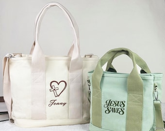 Personalized Canvas Bible Tote Bag, Large Multi Pocket Church Bag, Bible Study Tote, Gift for Catholics and Faith Based Believers   HG