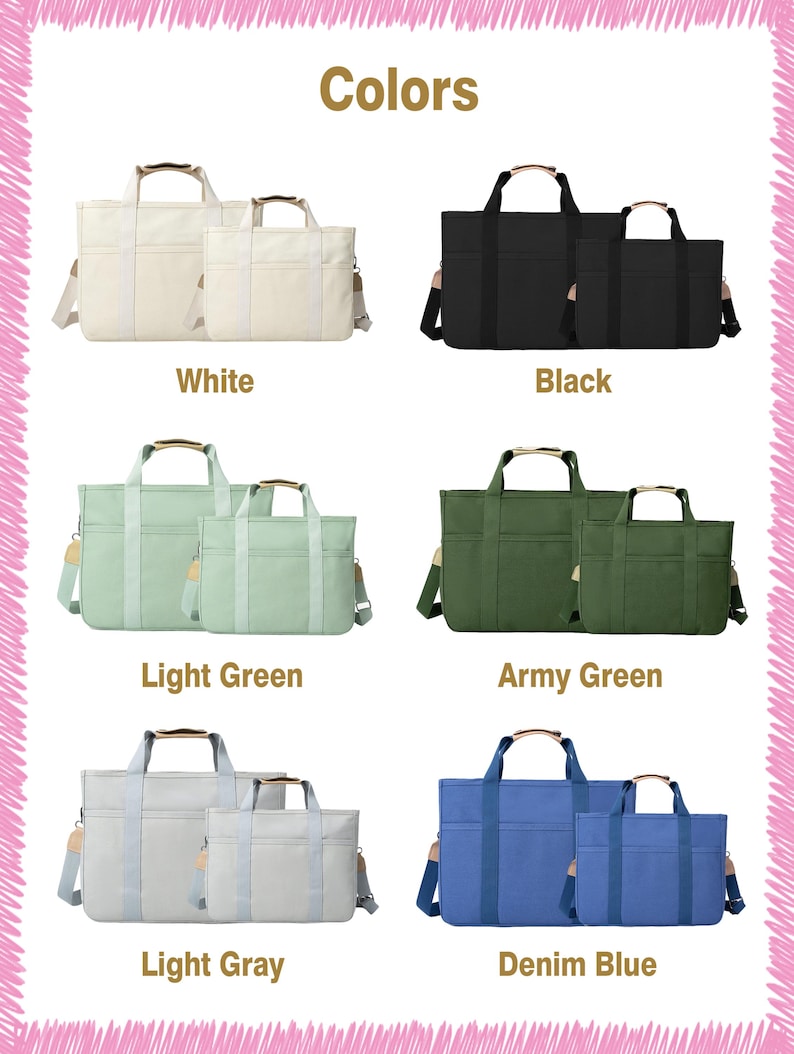 Op de afbeelding: Afbeelding met draagtassen in verschillende kleuren: wit, zwart, lichtgroen, legergroen, lichtgrijs en spijkerbroekblauw. Elke kleur wordt getoond met twee tassen van verschillende maten. De tassen hebben bruine handvatten en schouderbanden, met het woord "Colors" bovenaan.