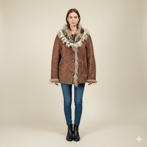 Puede incluir: Una mujer con un abrigo de borrego marrón con cuello y ribetes de piel. El abrigo tiene cierre de botones y se combina con vaqueros azules y botas negras. El ribete de piel del abrigo tiene tonos claros y oscuros.