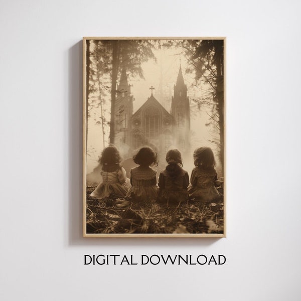 Girls at Church Printable, Misty Chapel, Christian Art, Vintage Religious Children, Spooky Forest, Abandoned Church, Old Fashioned Cathedral