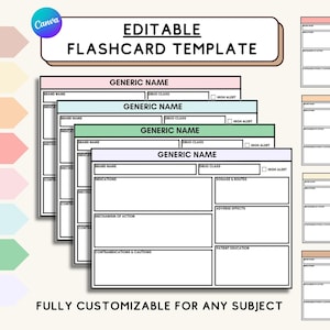 May include: A stack of editable flashcard templates in pink, blue, and green. Each card features sections for generic name, drug class, indications, dosage, adverse effects, and patient education. The text "EDITABLE FLASHCARD TEMPLATE" is at the top.