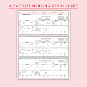 Può includere: Un foglio di cervello infermieristico per 3 pazienti stampabile con sezioni per diagnosi/anamnesi, CV, linee/IVF, sicurezza, laboratorio e piano. Ogni sezione contiene un elenco di termini medici e caselle di controllo.
