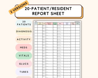 Peut inclure: Une feuille de rapport imprimable pour 20 patients/résidents avec des colonnes pour le numéro de chambre, le nom, l'âge/le sexe, le code, le diagnostic/l'historique, l'activité/l'oxygène, les médicaments, les signes vitaux/les graphiques, les lignes/les tubes et les rendez-vous.