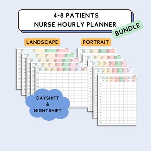 Peut inclure: Un lot de modèles d'organisateurs horaires pour infirmières imprimables pour 4 à 8 patients. Les modèles sont disponibles en orientations paysage et portrait et comprennent des options de quart de jour et de nuit.