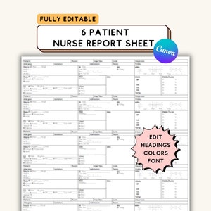Peut inclure: Un modèle de feuille de rapport infirmière imprimable pour le suivi des informations des patients. La feuille comprend des sections pour les allergies, les signes vitaux, les médicaments et d'autres détails importants. Le modèle est entièrement modifiable, permettant aux utilisateurs de personnaliser les titres, les couleurs et la police.