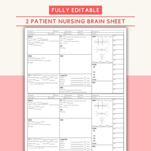 May include: A printable nursing brain sheet template for two patients. The sheet includes sections for allergies, neuro, respirations, vitals, labs, lines, and more. The sheet is fully editable.