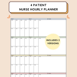May include: A printable nurse hourly planner with four patient sections. Each section has columns for patient name, time, room number, to do, and allergies. The planner includes two versions.