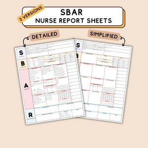 May include: Two versions of a printable SBAR nurse report sheet. The sheet is divided into four sections: Situation, Background, Assessment, and Recommendation. The detailed version includes more information than the simplified version.