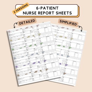 Könnte beinhalten: Zwei Versionen eines druckbaren Krankenpflegeberichts für sechs Patienten. Das linke Blatt ist mit "Detailliert" und das rechte Blatt mit "Vereinfacht" beschriftet. Beide Blätter enthalten Abschnitte für Patienteninformationen, Vitalwerte, Medikamente und andere relevante Details.