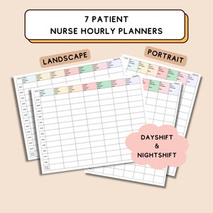 May include: Seven printable patient nurse hourly planners in landscape and portrait orientations. The planners are designed for day and night shifts. The planners have space for seven patients and include columns for patient name, room number, allergies, and other details.