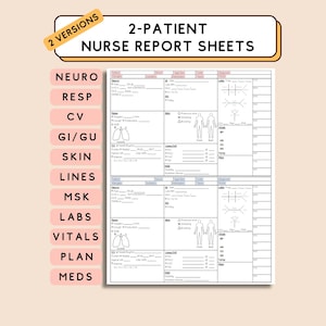 Peut inclure: Deux versions d'une feuille de rapport infirmière imprimable pour deux patients. La feuille comprend des sections pour neuro, resp, CV, GI/GU, peau, lignes, msk, labs, signes vitaux, plan et médicaments.