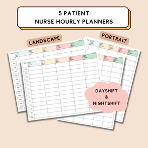 Peut inclure: Cinq modèles de planificateur horaire pour infirmières imprimables en orientations paysage et portrait. Les modèles sont conçus pour suivre les informations des patients, y compris le nom, les allergies, le régime alimentaire, le numéro de chambre et les heures de médicaments. Les modèles sont étiquetés "Jour et Nuit".