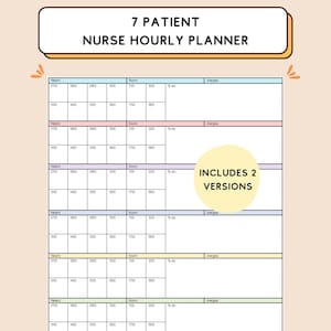 May include: A printable planner for nurses to track patient care. The planner has space for 7 patients and includes sections for patient name, room number, allergies, and a to-do list. The planner is divided into hourly time slots from 07:00 to 18:00.
