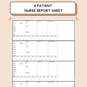 May include: A blank nurse report sheet with four sections for patient information, including room number, age and sex, admission details, lines and IVs, drains and tubes, safety, isolation, activity, allergies, diet, and team. The sheet is divided into hourly time slots from 7:00 AM to 6:00 PM.