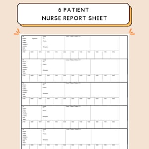 May include: A blank nurse report sheet with 6 patient sections. Each section has a grid with columns for time, patient information, and lines/tubes/drains/IVs. The sheet is designed for tracking patient care.