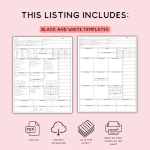 May include: A digital download listing includes black and white templates. The image shows two medical history forms, a PDF file icon, an instant download icon, a US Letter (8.5x11") icon, and a print as many copies as you want icon.
