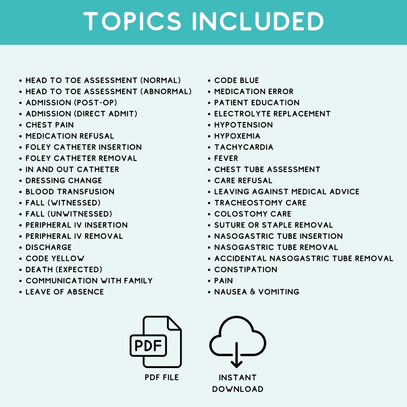 May include: A blue and white printable PDF document with a list of topics included in a medical training course. The topics include head-to-toe assessment, medication refusal, chest tube assessment, and more. The document is available for instant download.