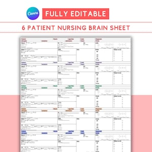 May include: A white document titled "6 Patient Nursing Brain Sheet" with editable fields. The document has a pink and white background with the Canva logo. The text "FULLY EDITABLE" is in a red rectangle.