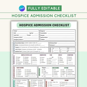 Könnte beinhalten: Eine vollständig bearbeitbare Checkliste für die Hospizaufnahme in Grün und Weiß. Die Checkliste enthält Abschnitte für Patienteninformationen, Diagnose und Vitalzeichen. Das Canva-Logo befindet sich in der oberen linken Ecke.