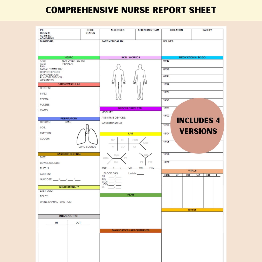 Nursing Report Sheet for Nurse Cheat Sheet Nurse Brain Sheet ICU ...