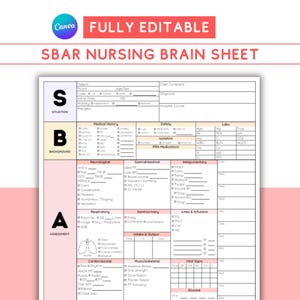 May include: A fully editable SBAR Nursing Brain Sheet with a white background and pink accents. The sheet is divided into sections for Situation, Background, Assessment, and Recommendations. The Canva logo is in the upper left corner.