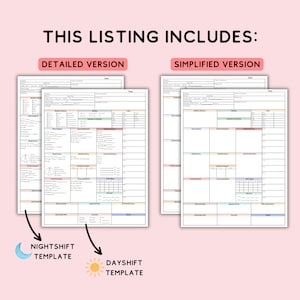 May include: This listing includes detailed and simplified versions of medical templates. The image shows two versions of each template, with a nightshift template indicated by a moon and a dayshift template indicated by a sun.